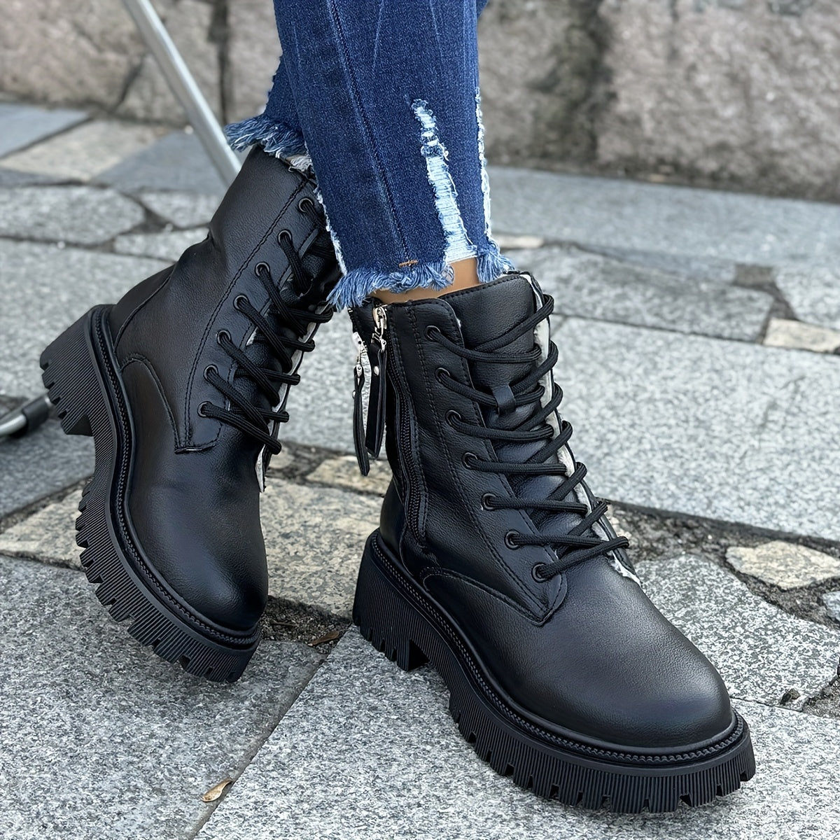 Winter Lace-Up Ankle Boots with Side Zipper